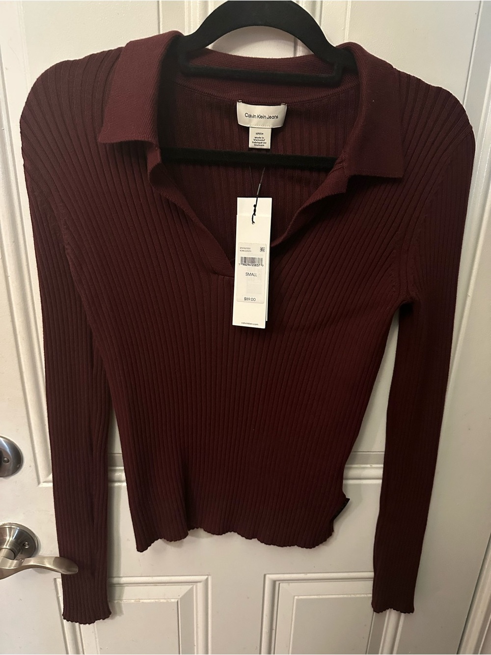 Calvin Klein Women's Ribbed Long-Sleeve Polo Top - Burgundy Wine S Small NWT